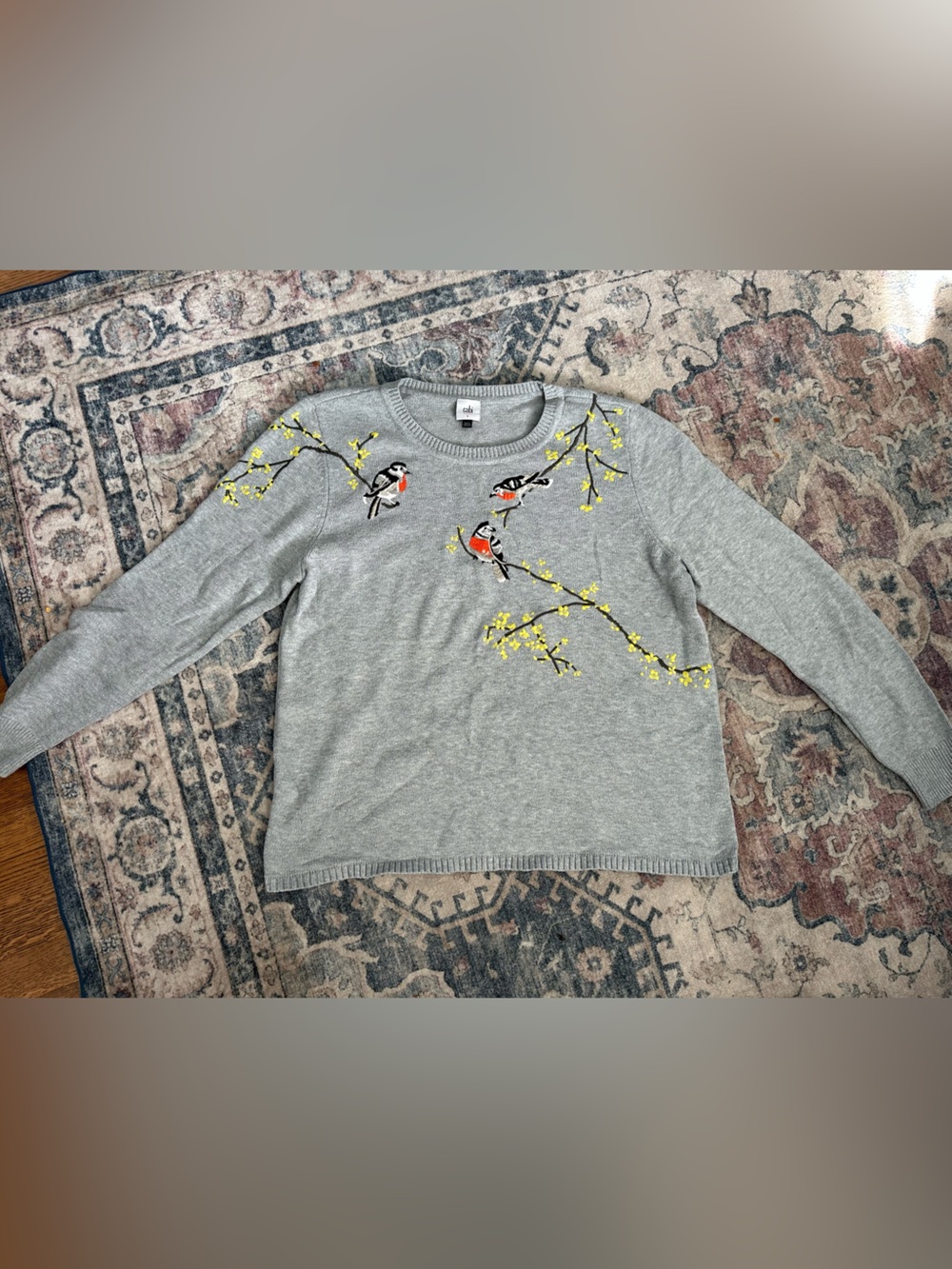 CAbi Gray Crewneck Sweater with Embroidered Birds and Yellow Blossoms
